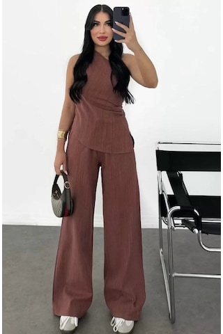 Kadın Keten Asimetrik Tek Omuzlu Bluz Pantalon Takım- Bordo Bordo