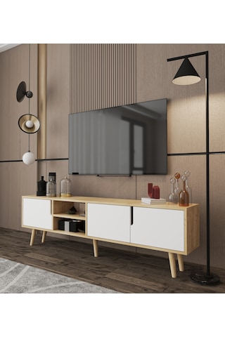 Latina Ahşap Ayaklı Tv Ünitesi Tv Sehpası 180 Cm Safir Meşe - Beyaz Safir - Beyaz