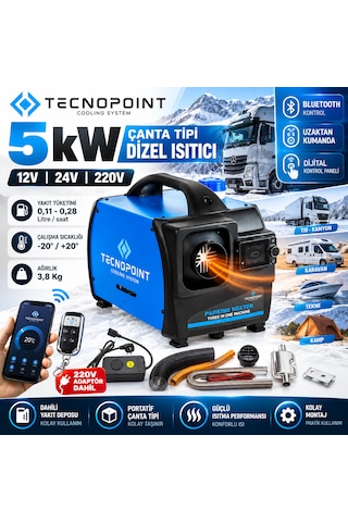 Tecnopoint 5 Kw Çanta Tipi Dizel Isıtıcı Webasto Tipi Portatif Bluetooth 12v 24v 220v