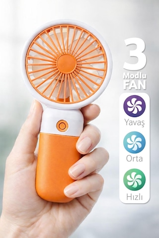 Standlı 3 Mod Şarjlı El Fanı 5 Kademe Seyahat Masaüstü Vantilatör Taşınabilir Mini Fan Turuncu F139