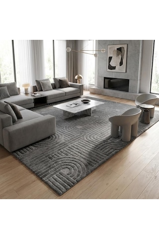 Koyu Gri Modern Geometrik Desenli Dijital Baskılı Kaymaz Tabanlı Yıkanabilir Antibakteriyel Halı Koyu Gri
