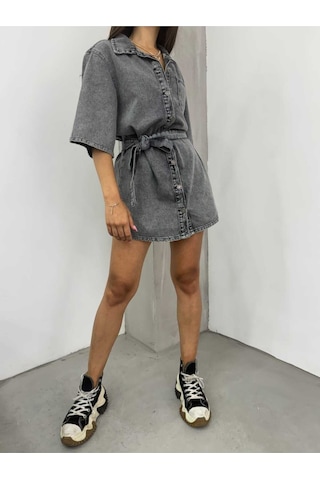 Shevega Kadın Füme Kuşakli Tek Cep Kısa Kot Elbise Füme