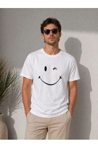 Vexor Erkek Minimal Gülümseyen Yüz Baskılı Tişört Kısa Kol Yazlık T-shirt - Beyaz Çok Renkli