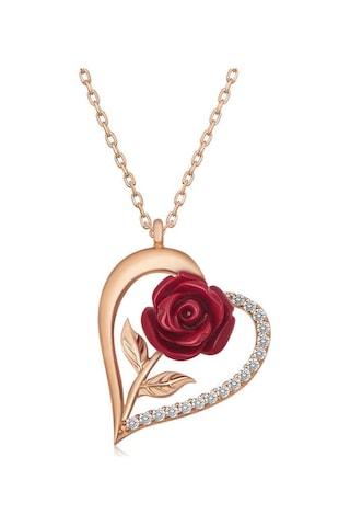 925 Ayar Gümüş Rose Kaplama Kalpli Kırmızı Gül Kadın Kolye Renkli 925 Ayar Gümüş Rose Kaplama Kalpli Kırmızı Gül Kadın Kolye Renkli