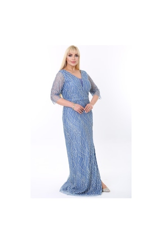 Ladies First Büyük Beden 3767 İndigo Uzun Abiye Elbise 001