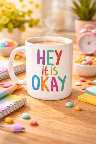 Hey It Is Okay Motivasyon Kupası Model 137 Renkli Tasarım Porselen Kupa Moral Veren, Pozitif Mesajlı Kahve & Düz Renkli