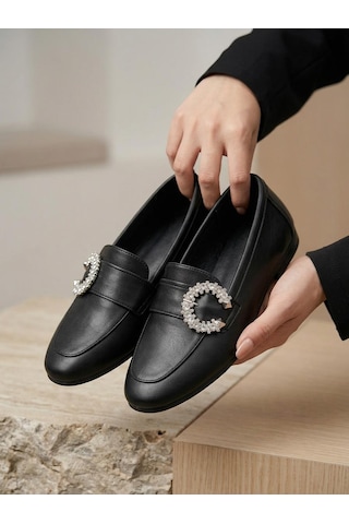 Venüs 26484214 Kadın Taş Toka İnce Taban Loafer Ayakkabı Siyah