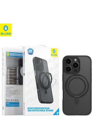 Apple Uyumlu iPhone Blueo 16 Pro Skin Friendly 360 Rotatable Magsafe Standlı Siyah Telefon Kılıfı