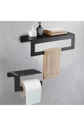 Hvngroup Metal 2 Parçalı Set 30 Cm Havlu Ve Tuvalet Kağıdı Askısı Siyah
