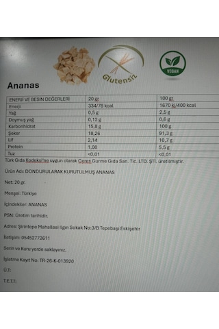Dondurularak Kurutulmuş Ananas 20 G