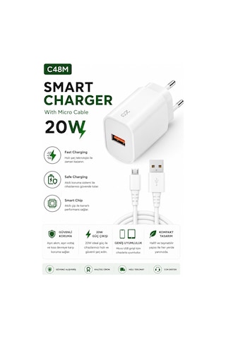 C48m Smart Charger 20w Usb To Mikro Usb Kablolu Hızlı Şarj Aleti Fast Charging Smart Chip Safe Charging Usb Adaptör Ve Mikro Usb Şarj Kablosu