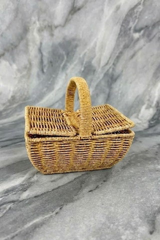 Doğal Hasır Kapaklı Dikdörtgen Sepet El Örgüsü Rattan Mutfak & Saklama Sepeti Kahverengi