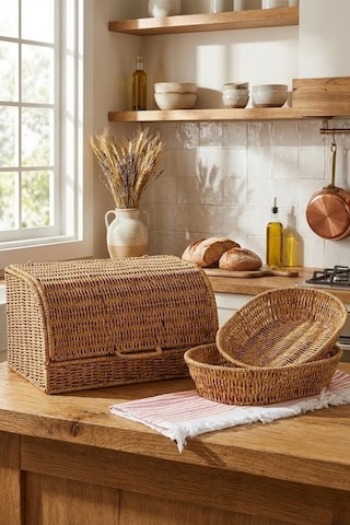 Mien Doğal Rattan 3’lü Hasır Set | Kapaklı Ekmek Sepeti ve Dekoratif Sunum Sepetleri
