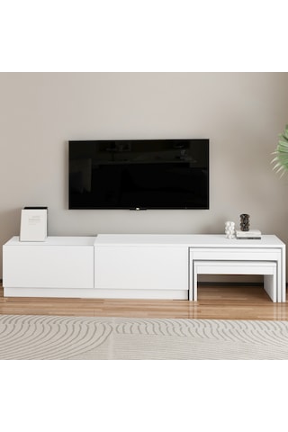 Nest Tv Sehpası Modern Tasarım,2 Kapaklı Depolama Ve İkili Zigon Sehpa İle Fonksiyonel Mobilya Beyaz