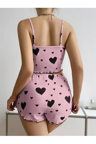Atyticaret Kadın Pamuklu Pembe Üstüne Siyah Desenli Askılı Fitilli Şortlu Pijama Takımı
