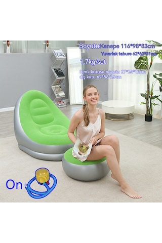 Ikkb Şişme Tembel Koltuk Pedal İle İki Parçalı Taşınabilir Dış Mekan Mobilya Ayak Pompalı Yeşil Yeşil