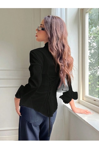 Kadın Arkası Bağcıklı Gömlek Slim Fit Günlük Ve Ofis Kombin Modern Tasarım Siyah