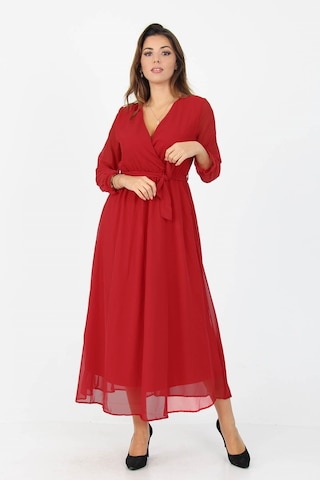 Neşeli Butik Kadın Kruvaze Yaka Bağlama Detaylı Yeni Sezon Uzun Şifon Elbise Kts003 Kırmızı