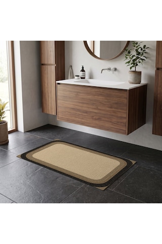 Kartela Halı Jüt Görünümlü Banyo Paspası Natürel Siyah Kaymaz Taban Makinede Yıkanabilir 50x75 Cm