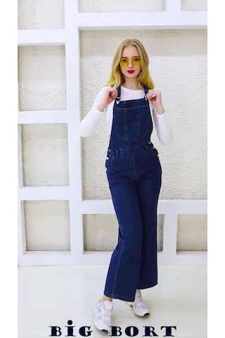 Yandan Düğmeli Kot Enzim Kumaş Salopet & Tulum-9654 Lacivert