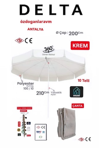 Deniz Plaj Güneş Şemsiyesi + Çanta +demir Sabitleme Krem