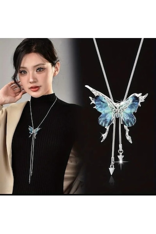 Dükkan Design Titatnyum Ayarlanabilir Kubik Zirkon Kelebek Kolye Mavi