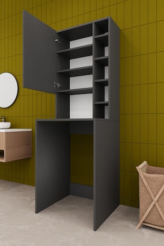 Asra Trend Çamaşır Makinesi Üstü Banyo Dolabı BD-02 %100 MDF Kapaklı Organizer Raf Antrasit