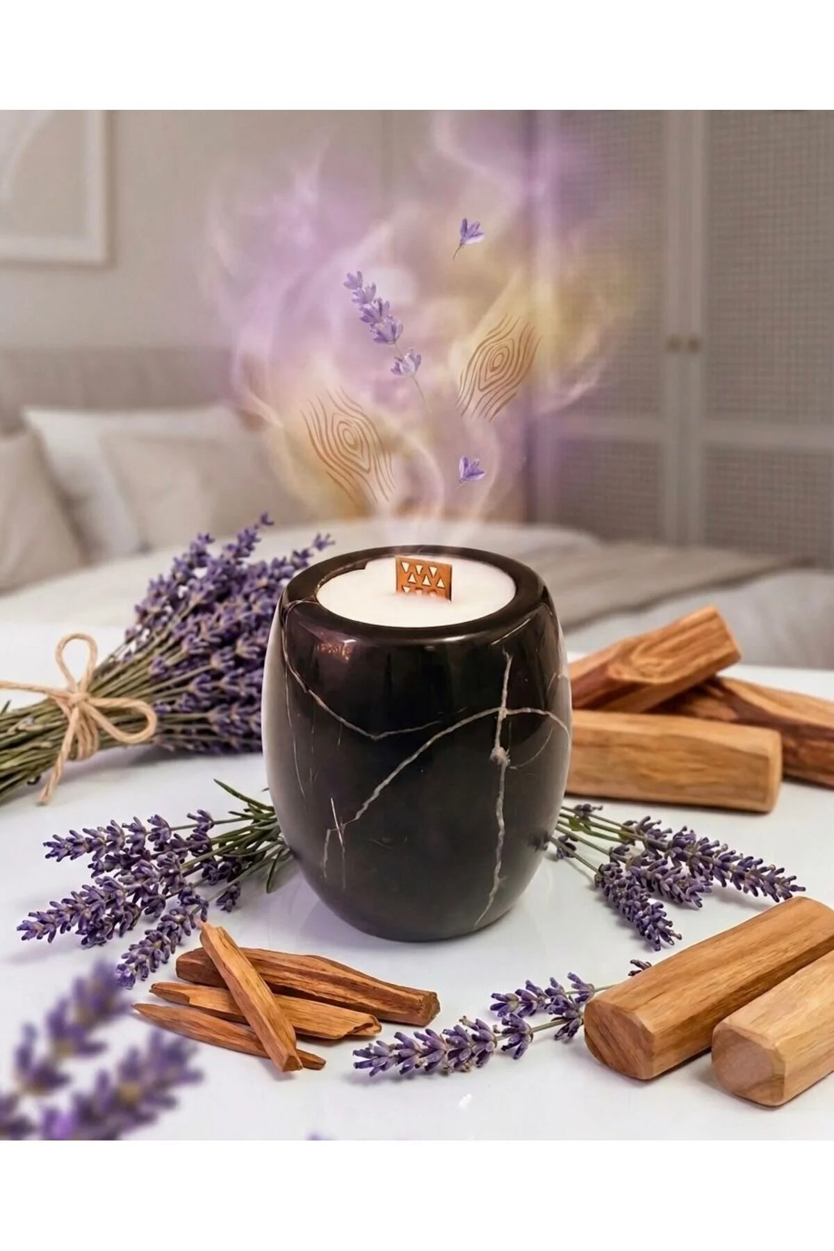 Lavanta Ve Sandal Kokulu Mum Doğal Mermer %100 Soya Wax Siyah