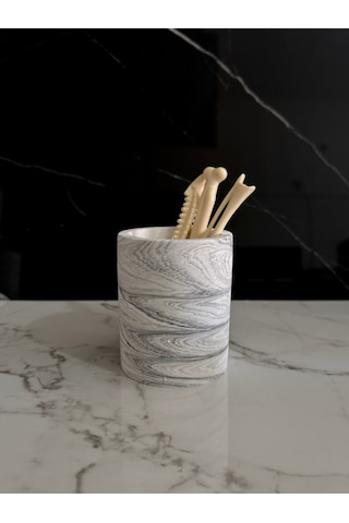 Beton Kalemlik Ofis Masaüstü Dekoratif Kalem Kutusu El Yapımı Silindir Minik Beton Obje Diş Fırçalık Beyaz-siyah