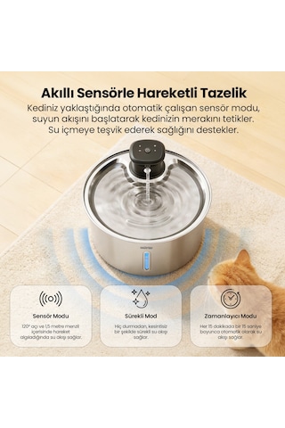 Haustier Wf05 Otomatik Kablosuz Kedi Su Pınarı, Sensörlü , Bataryalı , Ultra Sessiz, Çelik , 3.2lt Hazne
