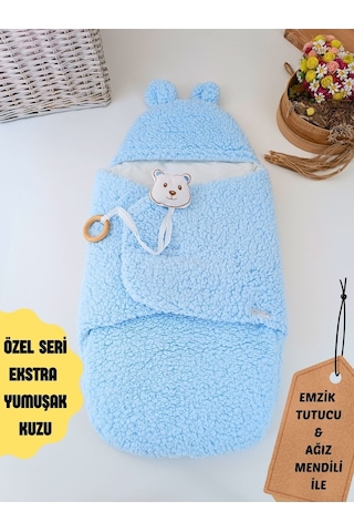 Peluş Bebek Dış Kundağı Oyuncaklı Uyku Tulumu Hastane Çıkışı Hediyelik Sarma Battaniye Mavi