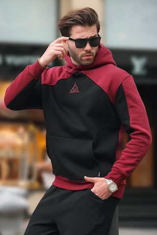 Madmext Bordo Kapüşonlu Cep Detaylı Nakışlı Sweatshirt E7085 Bordo