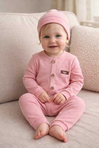 Babyhola Kız Erkek Bebek Tulum Bere Takım Pamuk Önden Düğmeli İnterlok 23630 Pembe