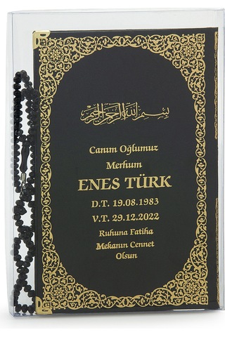 50 Adet İsim Baskılı Kutulu Tesbihli Orta Boy Deri Ciltli Yasin Kitabı Mevlüt Hediyesi Siyah