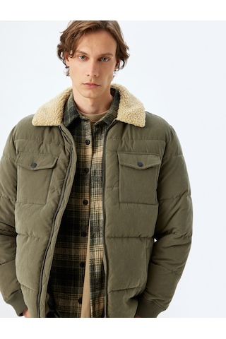 Koton Slim Fit Şişme Mont Peluş Yaka Detaylı Fermuarlı Haki 5wam20089hw Haki
