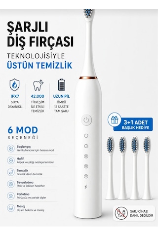 Şarjlı Elektrikli Diş Fırçası Ipx7 Su Geçirmez 42.000 Titreşim 6 Mod Sonic 3 + 1 Başlık