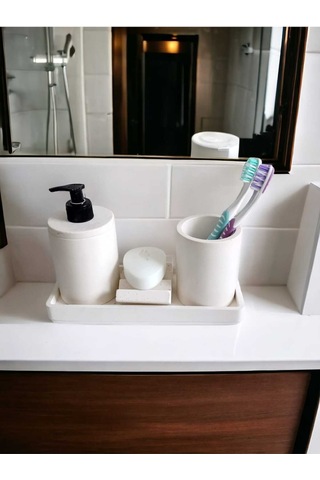 4'lü Kırık Beyaz Banyo Seti , Sıvı Sabunluk Diş Fırçalığı Beton Aksesuar Takım Beyaz