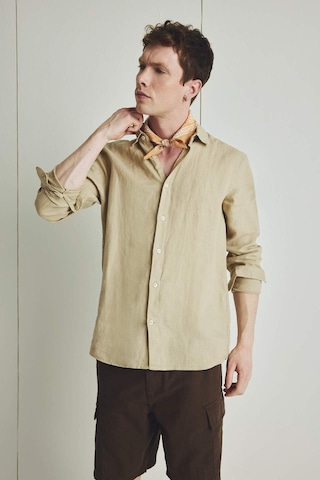 DeFacto %100 Keten Regular Fit Polo Yaka Yazlık Uzun Kollu Gömlek D9925AX25SPBG732