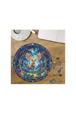Mistik Orman - Görkemli Geyik Tasarımlı Özel Kesim Yuvarlak 272 Parça Ahşap Puzzle Mpda852