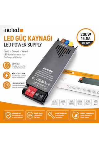 İnoled 1206 16,6a 200w 12v Led Güç Kaynağı Kısa Devre Korumalı Adaptör Şerit Led Trafo 220v Ac 12v Dc Dönüştürücü Yüksek Verimli, Güvenli, Uzun Ömürlü Led Trafo 16,6 A