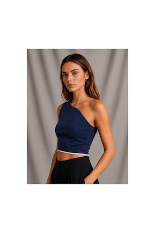 Zykrıon Kadın Beyaz Tek Omuz Asimetrik Crop Bluz Slim Fit Esnek Kumaş Şık Günlük Lacivert