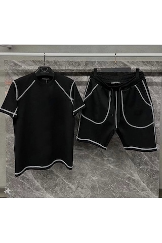 Unisex Karoyaka Dikişli Şortlu Takım - Siyah Siyah