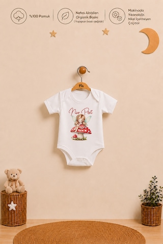 Pia Baby İsimli Kız Bebek Hediye Seti %100 Pamuk Organik Baskılı Body Yastık Kılıfı Ve Ham Bez Bebek Kıyafet Kesesi 1096byk6x Ekru