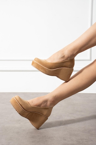 Zenneshoes Helena Dolgu Topuklu Kadın Ayakkabı Taba Süed