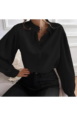 Yarım Açık Yaka Bluz 2023 Sonbahar Gömlek Kadın Düz Renk Gevşek Uzun Fener Kollu Zarif Giysiler Blusas Tops 29732 Siyah