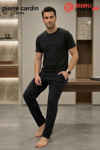 Pierre Cardin Paris Premium Erkek %100 Pamuklu Rahat Kalıp Cepli Kısa Kollu Pijama Takım Siyah