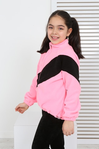 Toontoy Kız Çocuk Dik Yaka Fermuarlı Renk Bloklu Reglan Kol Polar Hırka - Beli Ayarlanabilir Lastikli Pembe