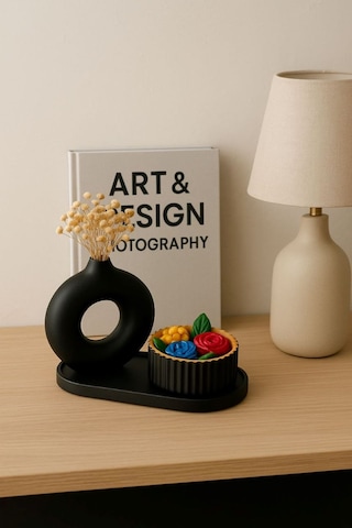 Dekoratif Siyah Mumluk Ve Vazo Seti Kuru Çiçekli Modern Salon Ofis Masa Üstü Aksesuar 9x18cm