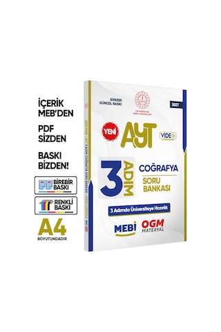 2027 Ayt Mebi-ogm 3 Adım Coğrafya Soru Bankası Renkli A4 Boyut Video Çözümlü Baskı Ücreti"