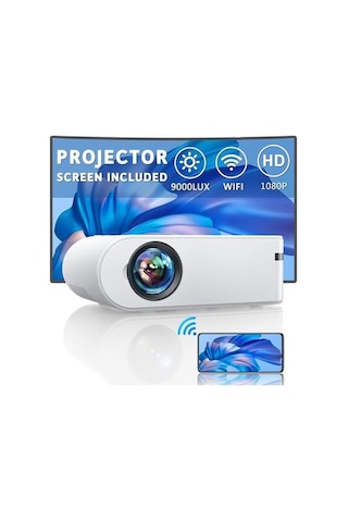 Yaber Ekranlı Mini Projektör, 1080p Full Hd 9000l Açık Hava Film Projektörü